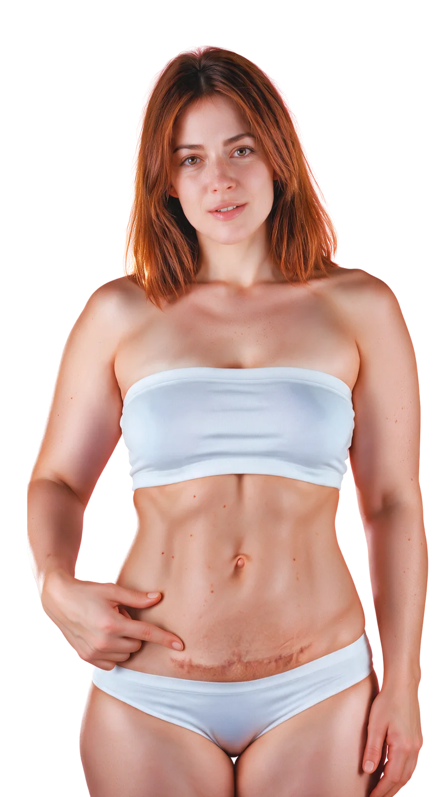 Mulher de top branco mostrando a cicatriz de cirurgia no abdômen