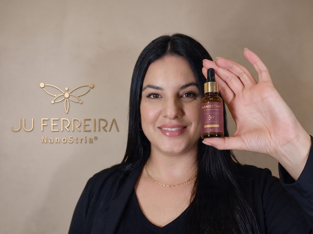 Juliana Ferreira com o sérum NanoStria de uso profissional